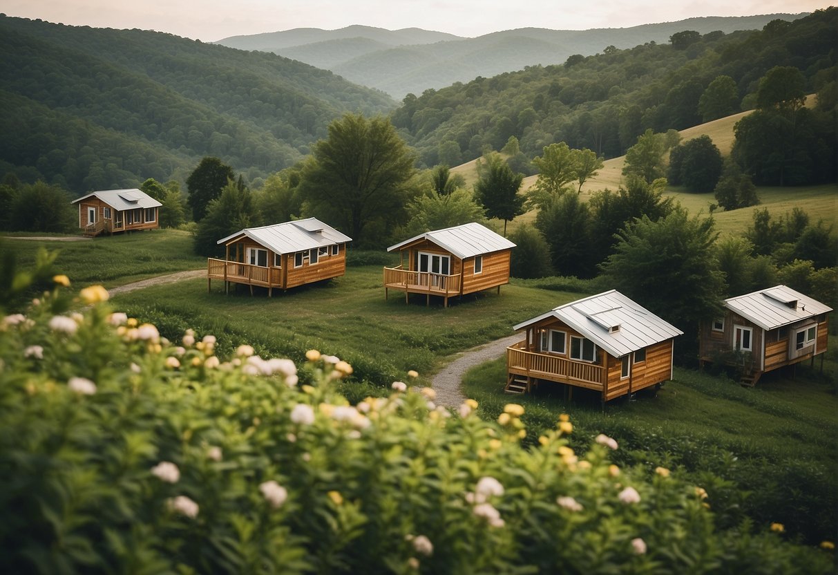 A cluster of tiny homes nestled among the rolling hills of eastern TN, surrounded by lush greenery and winding pathways