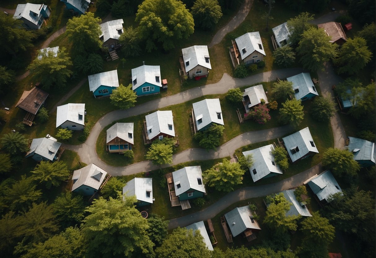 Aerial view of clustered tiny homes surrounded by lush greenery in East Tennessee