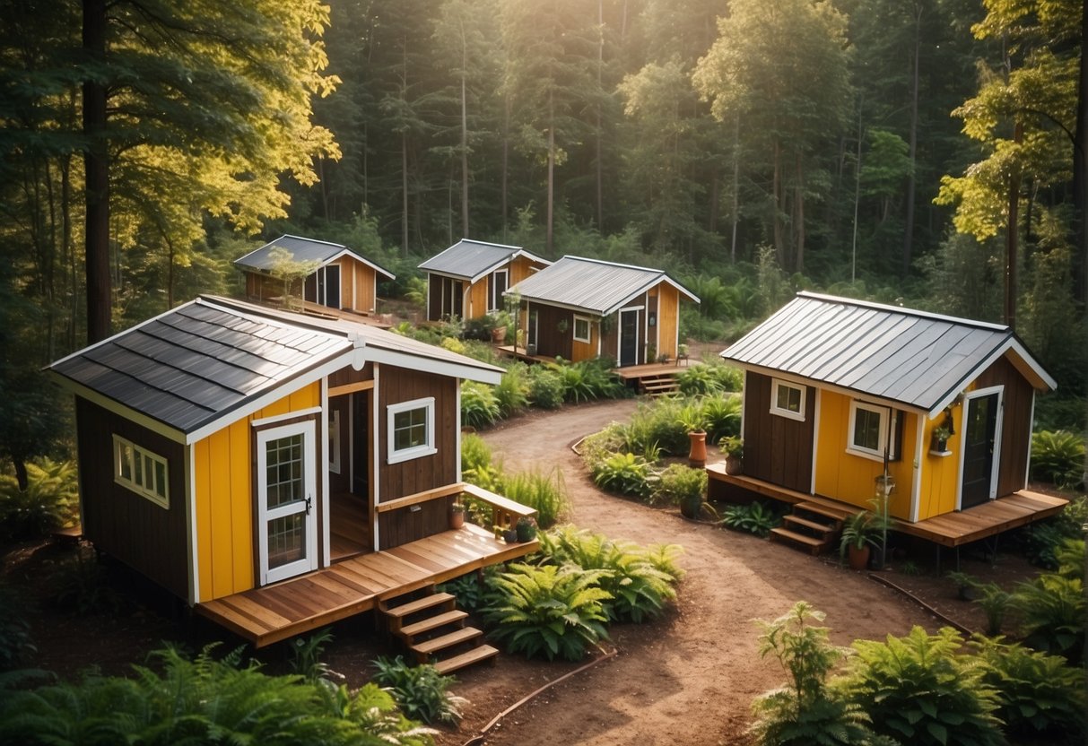 A cluster of tiny homes nestled in a lush, wooded area with a central communal space and walking trails