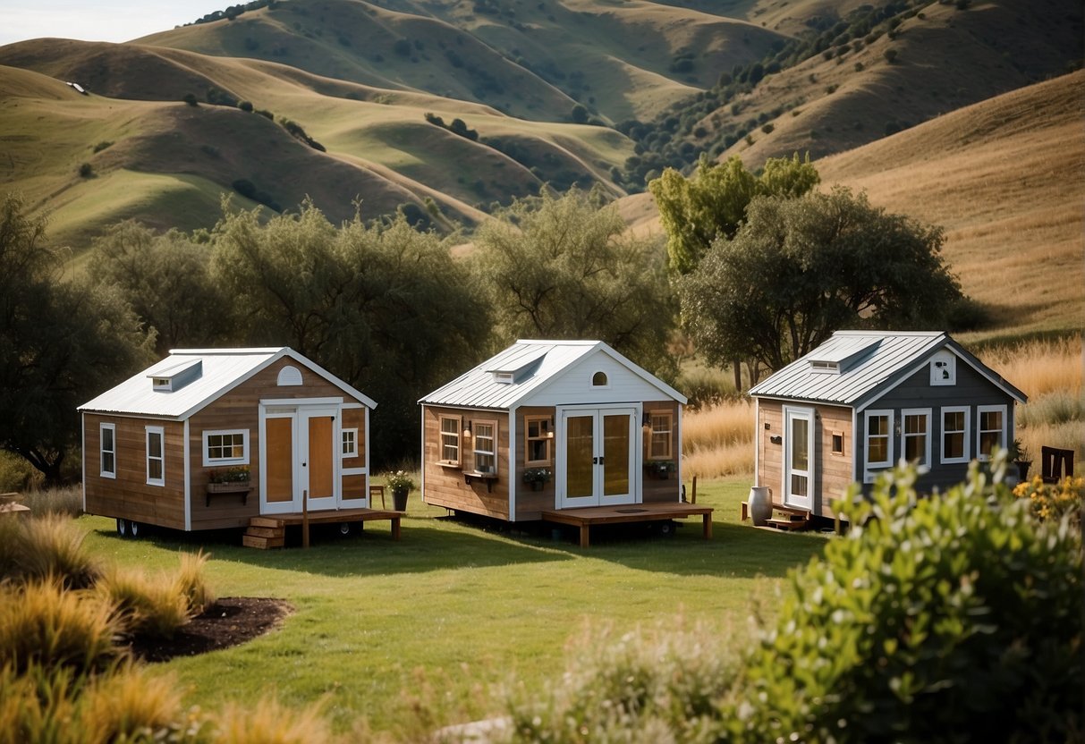 A cluster of cozy tiny homes nestled among rolling hills, with communal gardens, fire pits, and a central gathering area