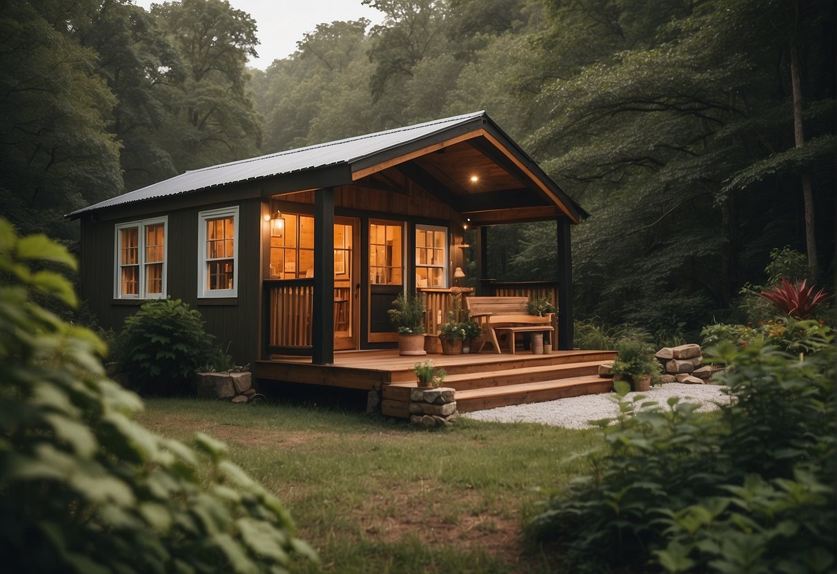 A cozy tiny home nestled in the rolling hills of East Tennessee, surrounded by lush greenery and a peaceful, serene atmosphere