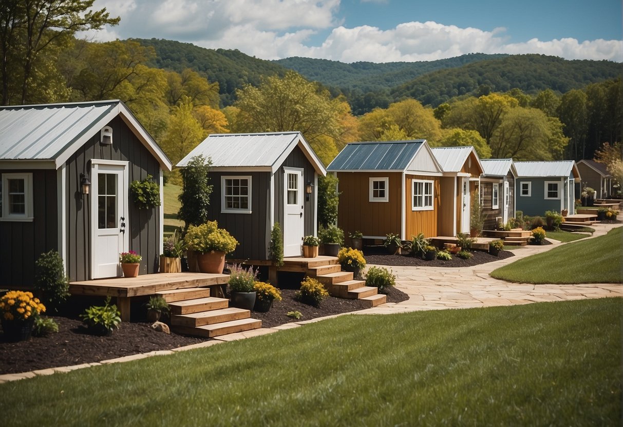 A cluster of tiny homes nestled in the rolling hills of eastern TN, with communal spaces and gardens. Residents gather for discussions and activities