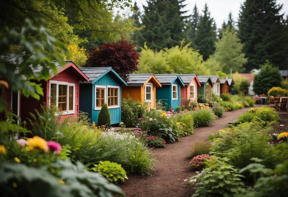 A cluster of colorful tiny homes nestled among lush greenery in Eugene, Oregon. A winding pathway connects the homes, while community gardens and communal areas create a sense of togetherness