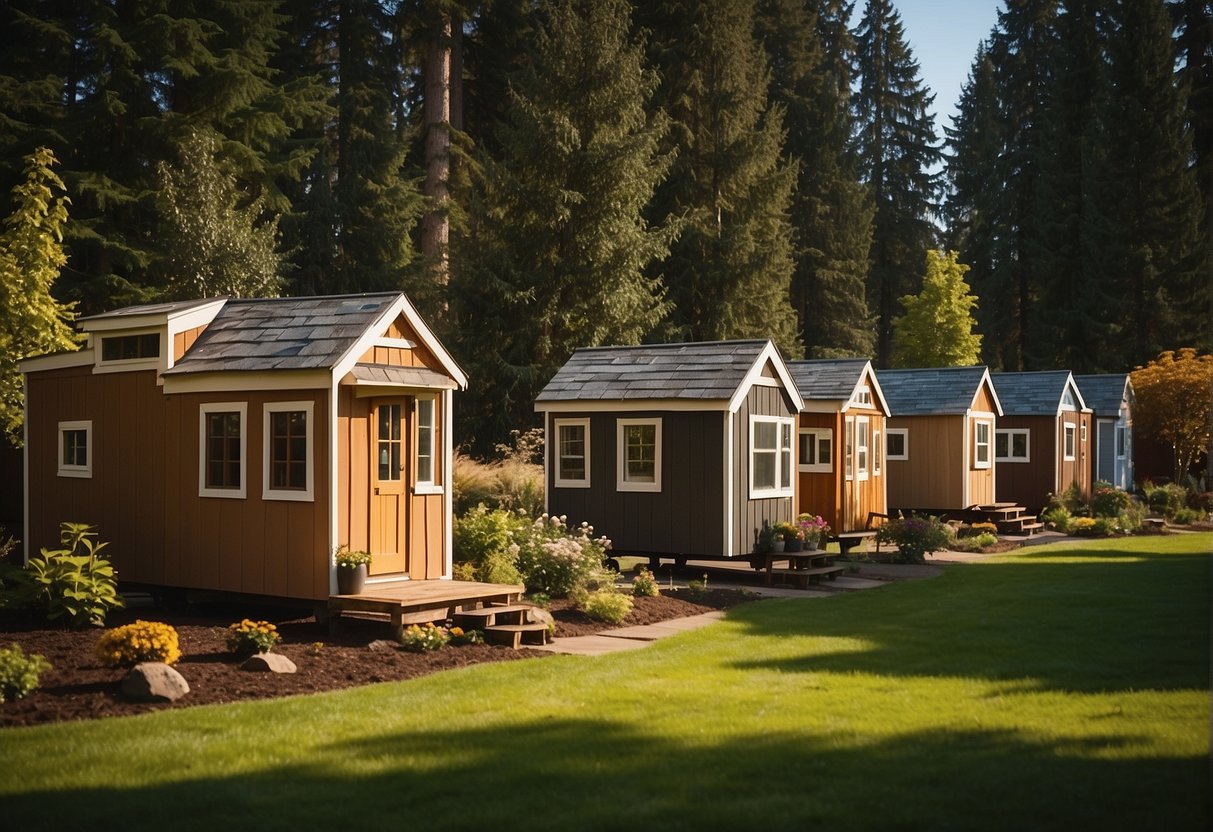 A cluster of tiny homes nestled among trees in Eugene, Oregon. A central communal space with gardens and seating. Peaceful and sustainable living