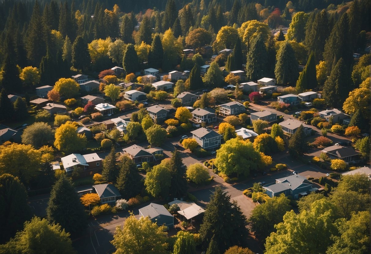 Aerial view of Eugene, Oregon with clustered tiny homes surrounded by trees and community gardens