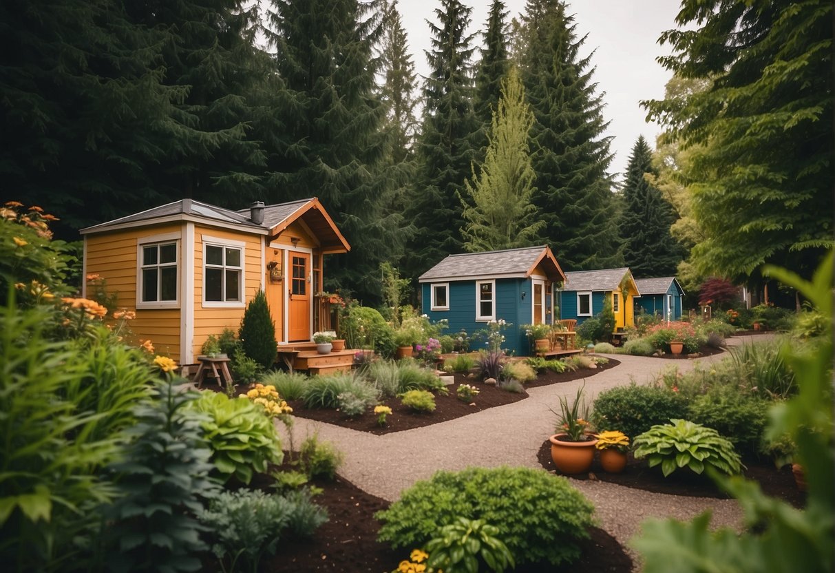 Colorful tiny homes surrounded by lush greenery, communal gardens, and cozy communal spaces in a serene Eugene, Oregon setting