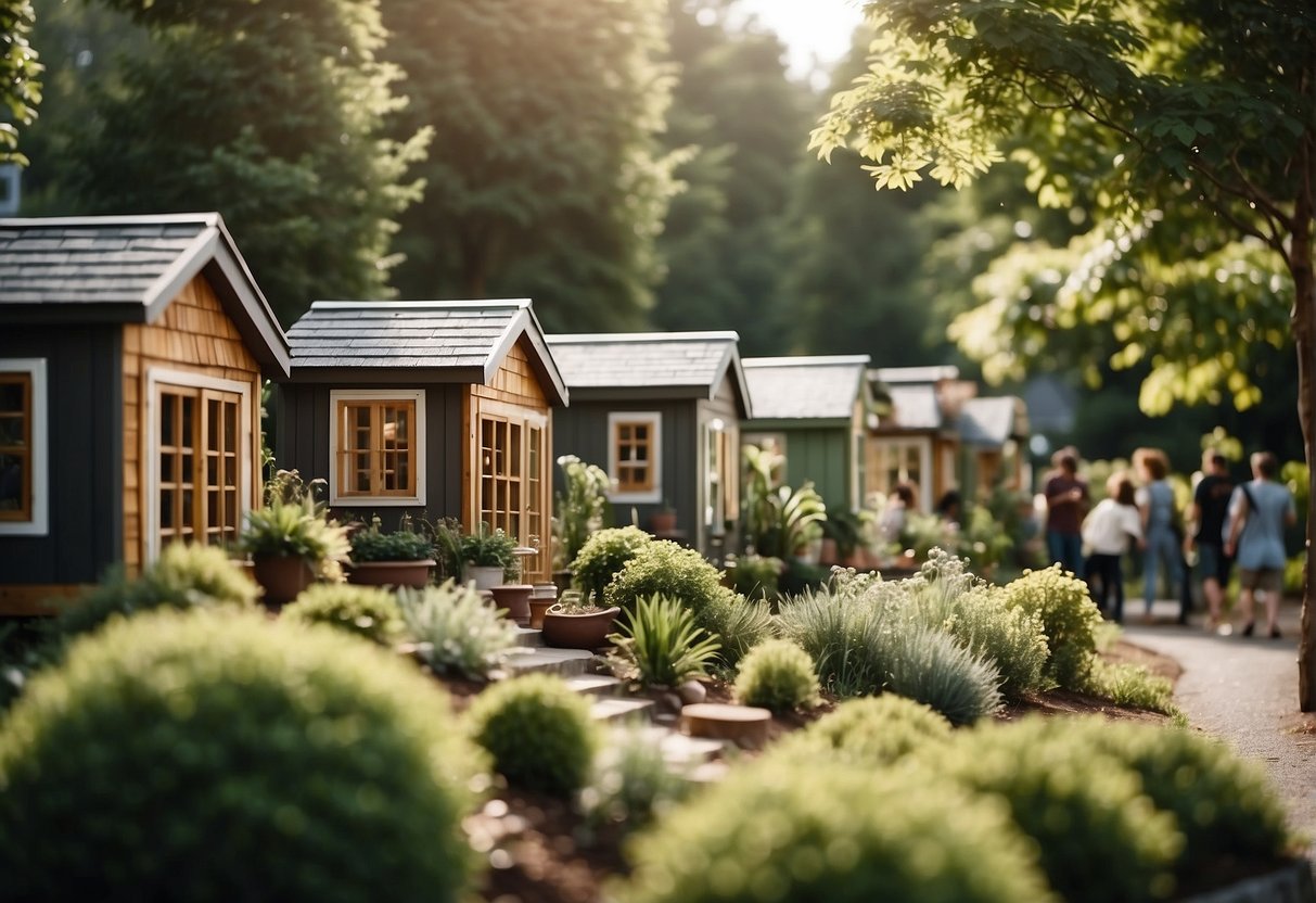 A cluster of tiny homes nestled among lush green trees, with residents tending to communal gardens and gathering in outdoor common areas