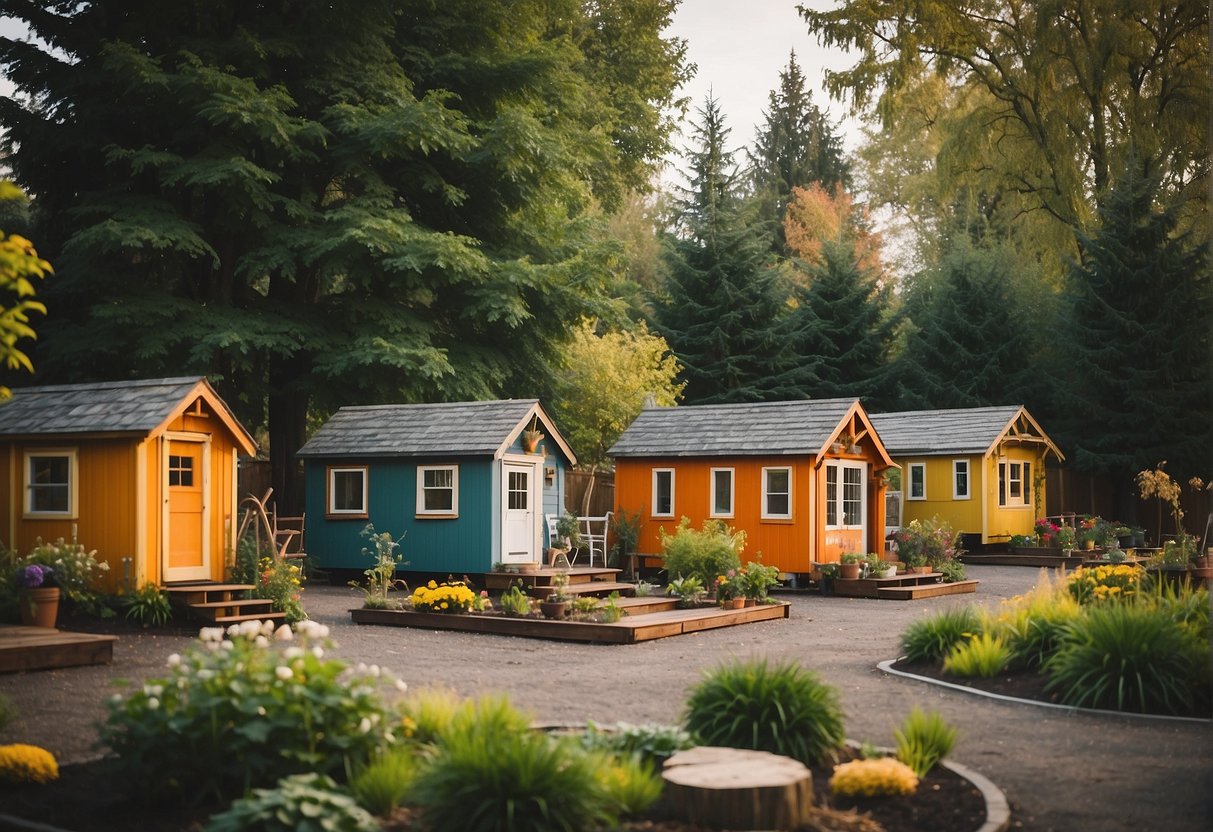 A cluster of colorful tiny homes nestled among trees in Eugene, Oregon. Community garden, communal gathering area, and people engaging in conversation