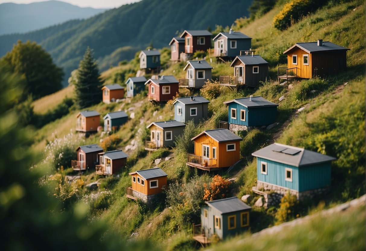 A cluster of colorful tiny homes nestled among lush green hills in a quaint European village