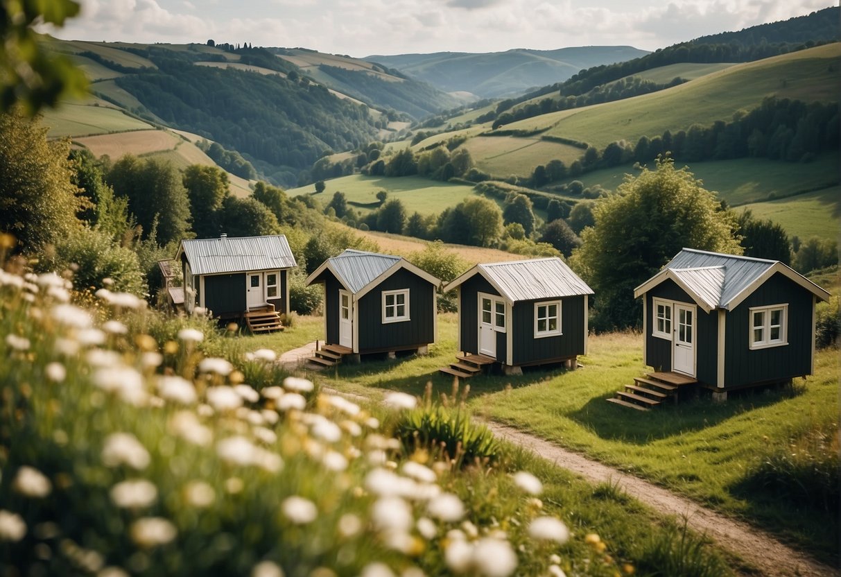 Tiny homes clustered together in a picturesque European countryside, surrounded by lush greenery and rolling hills, with a sense of community and sustainability