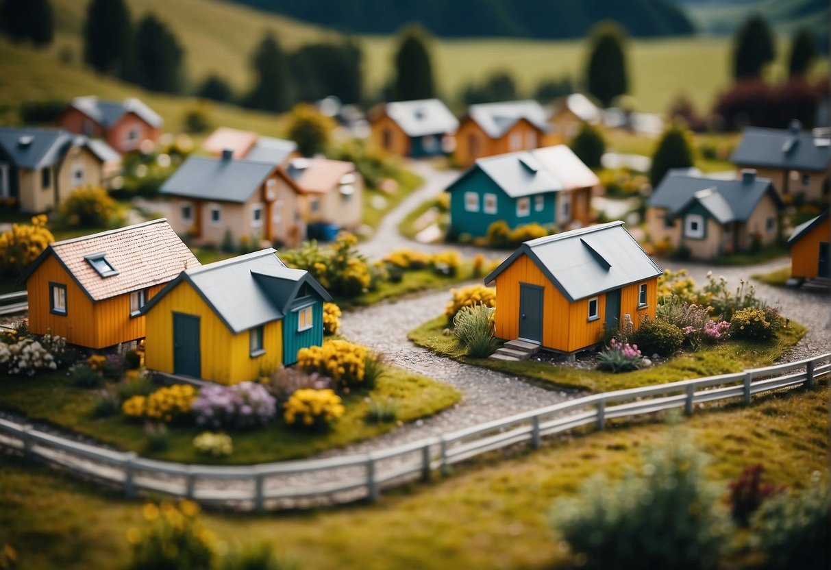 European tiny homes cluster in a picturesque countryside setting, with colorful, compact houses arranged in a tight-knit community