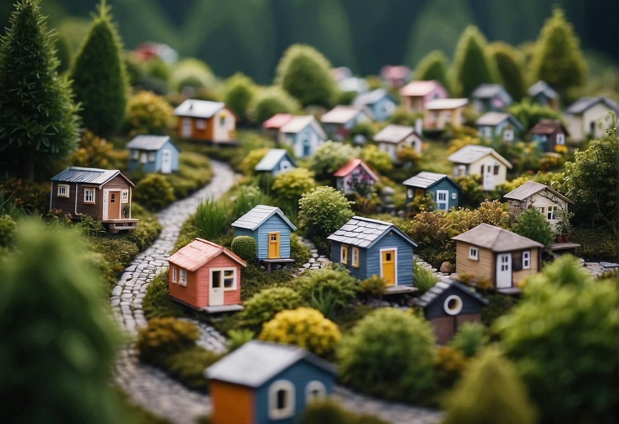 A cluster of colorful tiny homes nestled among lush greenery in a European countryside, with a winding cobblestone path connecting the cozy dwellings