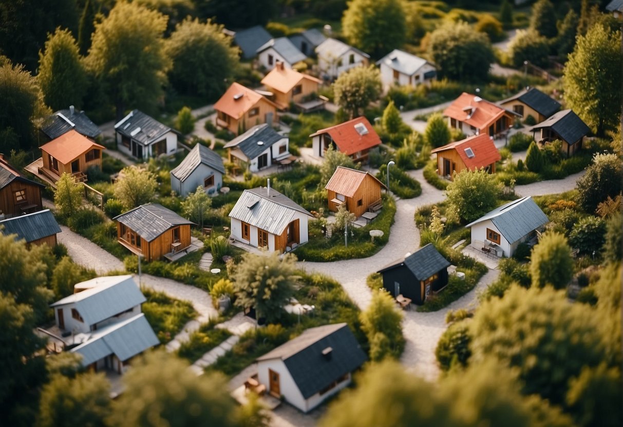 Aerial view of diverse tiny homes in European communities, surrounded by lush greenery and interconnected by winding pathways