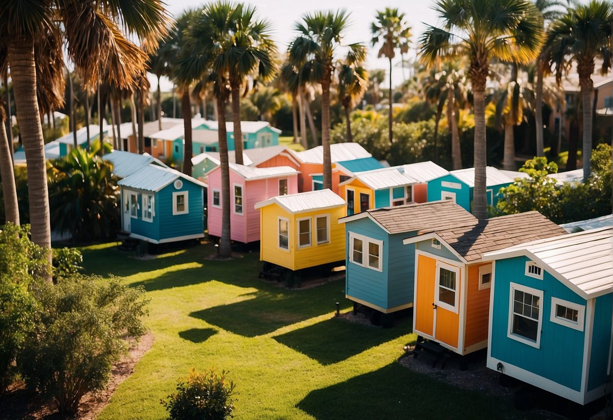 A cluster of colorful tiny homes nestled among palm trees in a sunny Florida community