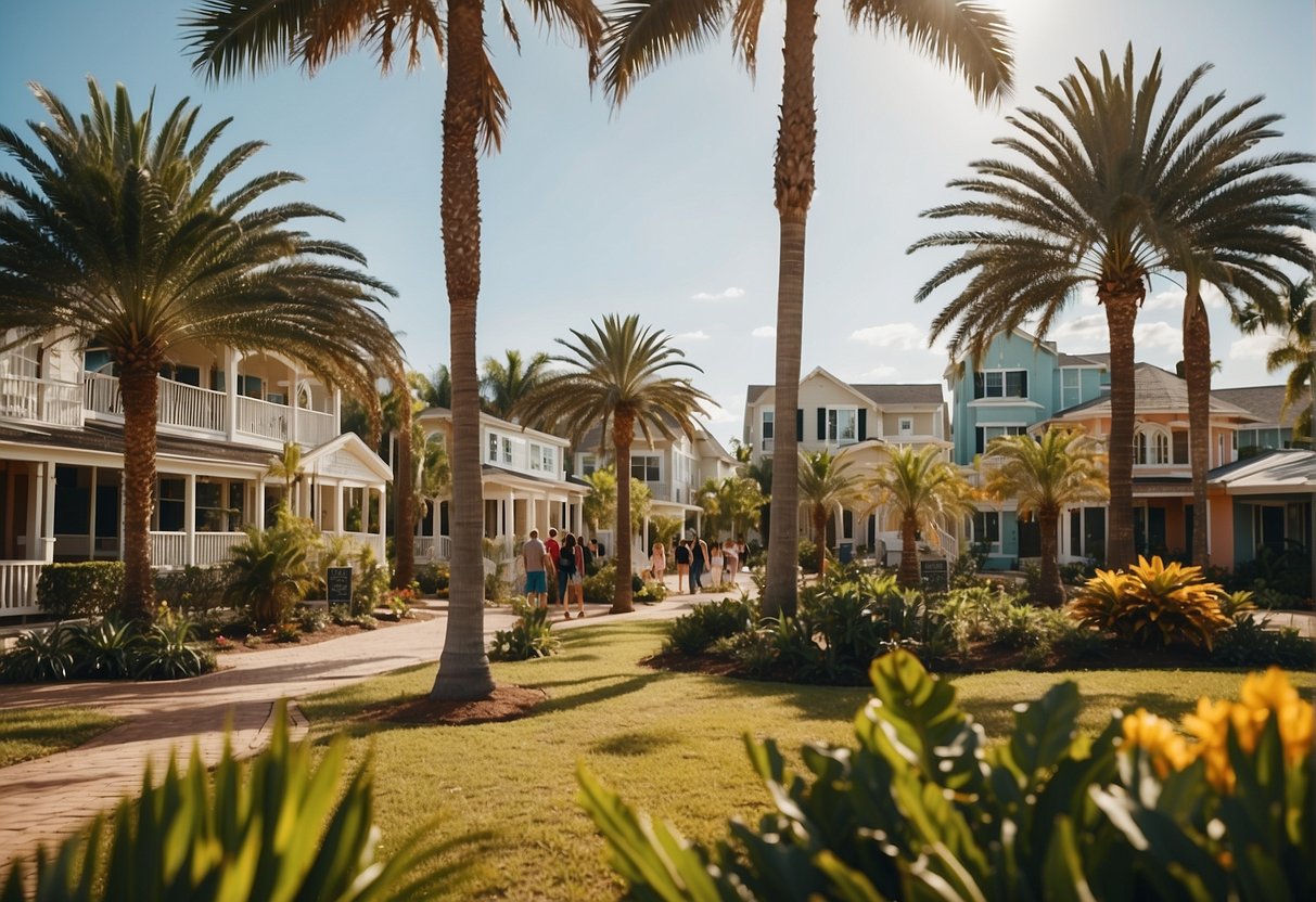A sunny Florida landscape with palm trees, small colorful houses, community gardens, and people enjoying outdoor activities