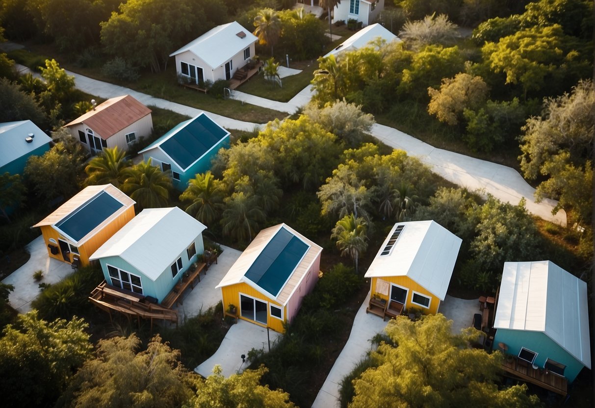 Aerial view of colorful tiny homes nestled within lush Florida landscapes, with communal spaces and amenities for residents