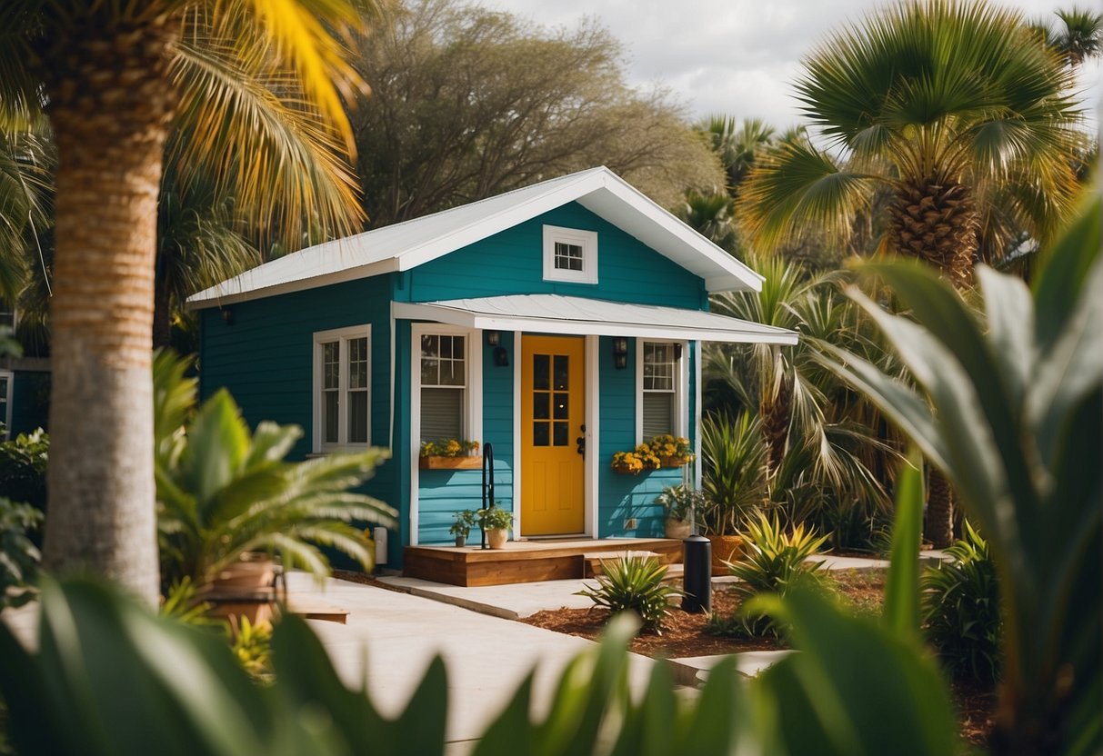 A sunny Florida day in a tiny home community, with colorful houses nestled among palm trees and surrounded by lush greenery