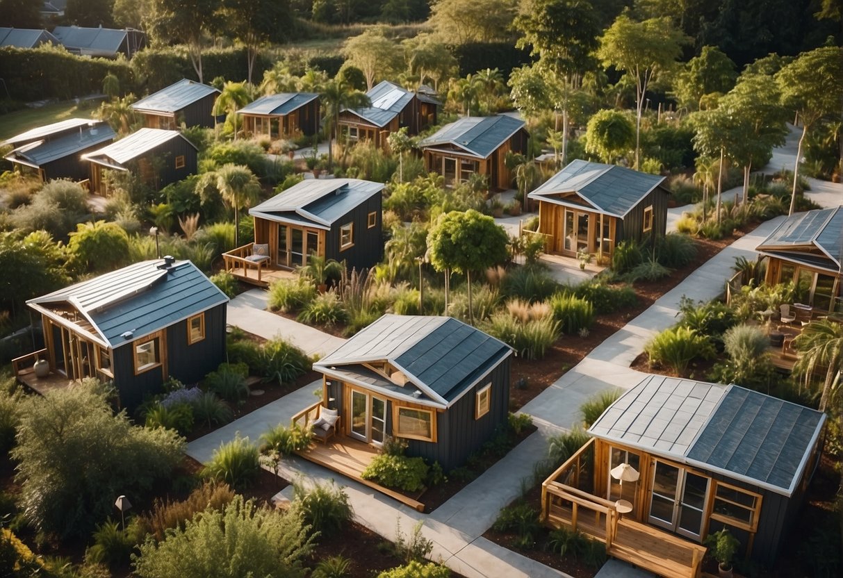 A cluster of tiny homes surrounded by lush greenery, with communal areas and pathways connecting the homes. A sense of community and sustainability is evident in the design