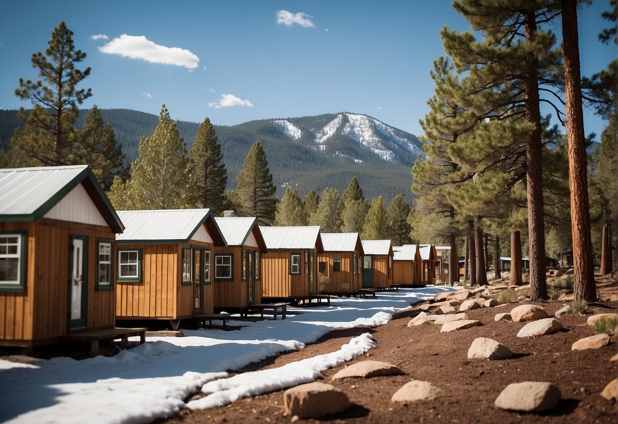 A cluster of tiny homes nestled among the pine trees in Flagstaff, Arizona. Snow-capped mountains loom in the background, while a small community garden and gathering area provide a sense of community