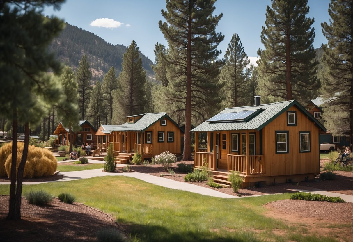 Tiny homes nestled among tall pine trees in Flagstaff, with communal gardens and a central gathering area for residents