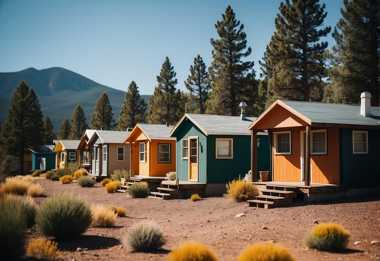 A cluster of small, colorful homes nestled among tall pine trees with a backdrop of the San Francisco Peaks in Flagstaff, AZ