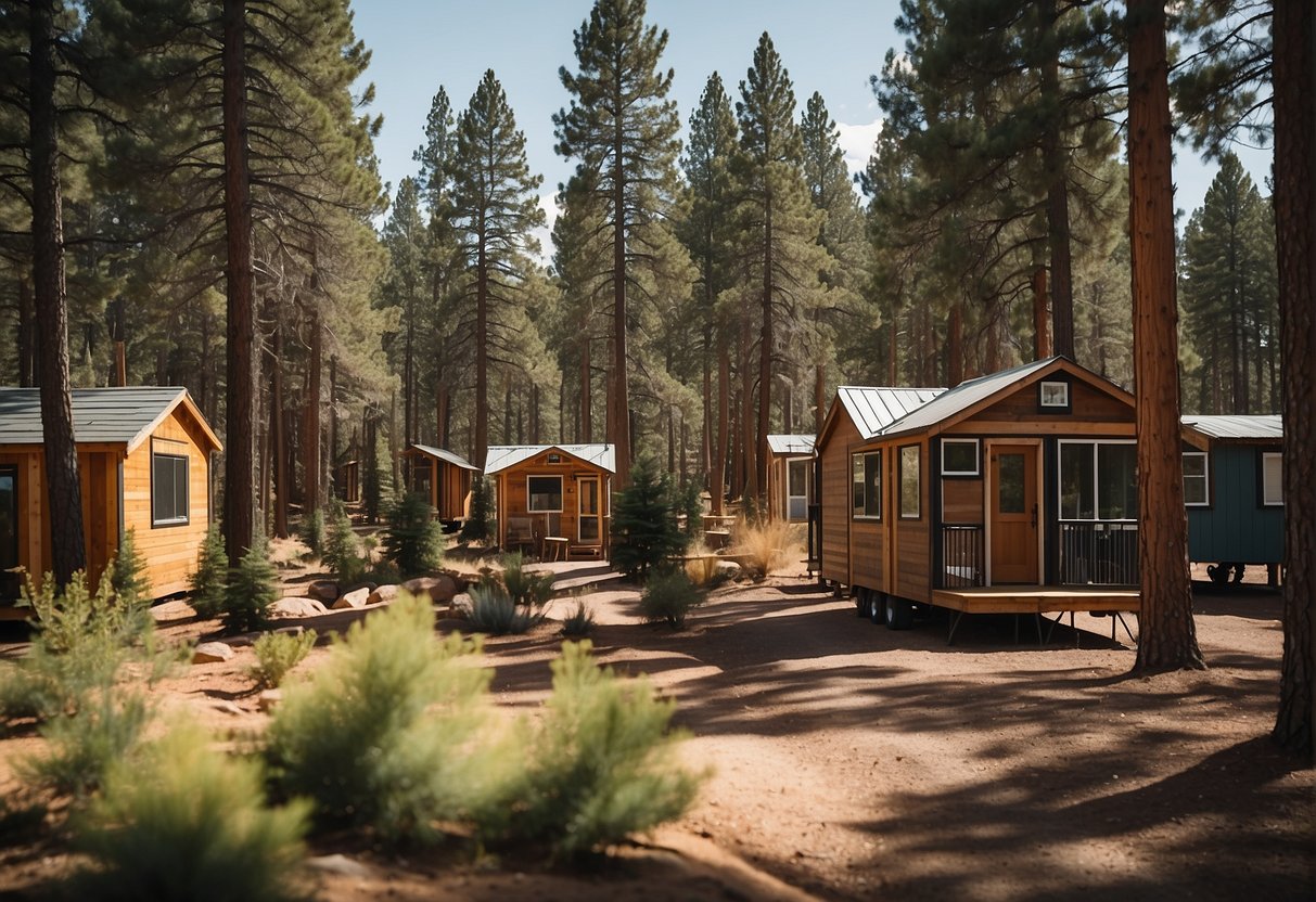 A cluster of tiny homes nestled among tall pine trees in Flagstaff, Arizona. Each home is uniquely designed, with vibrant gardens and communal spaces creating a sense of community