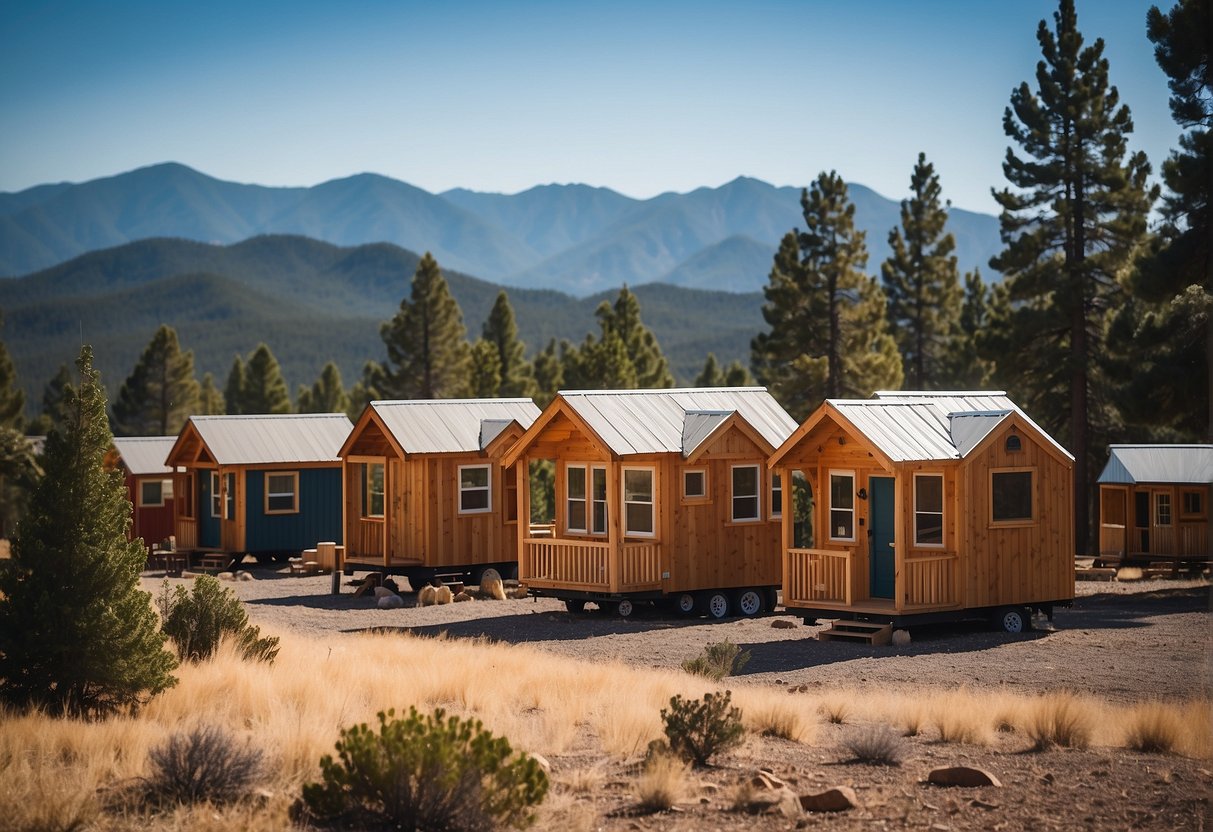 A cluster of tiny homes nestled among the pine trees, with a backdrop of the San Francisco Peaks and clear blue skies