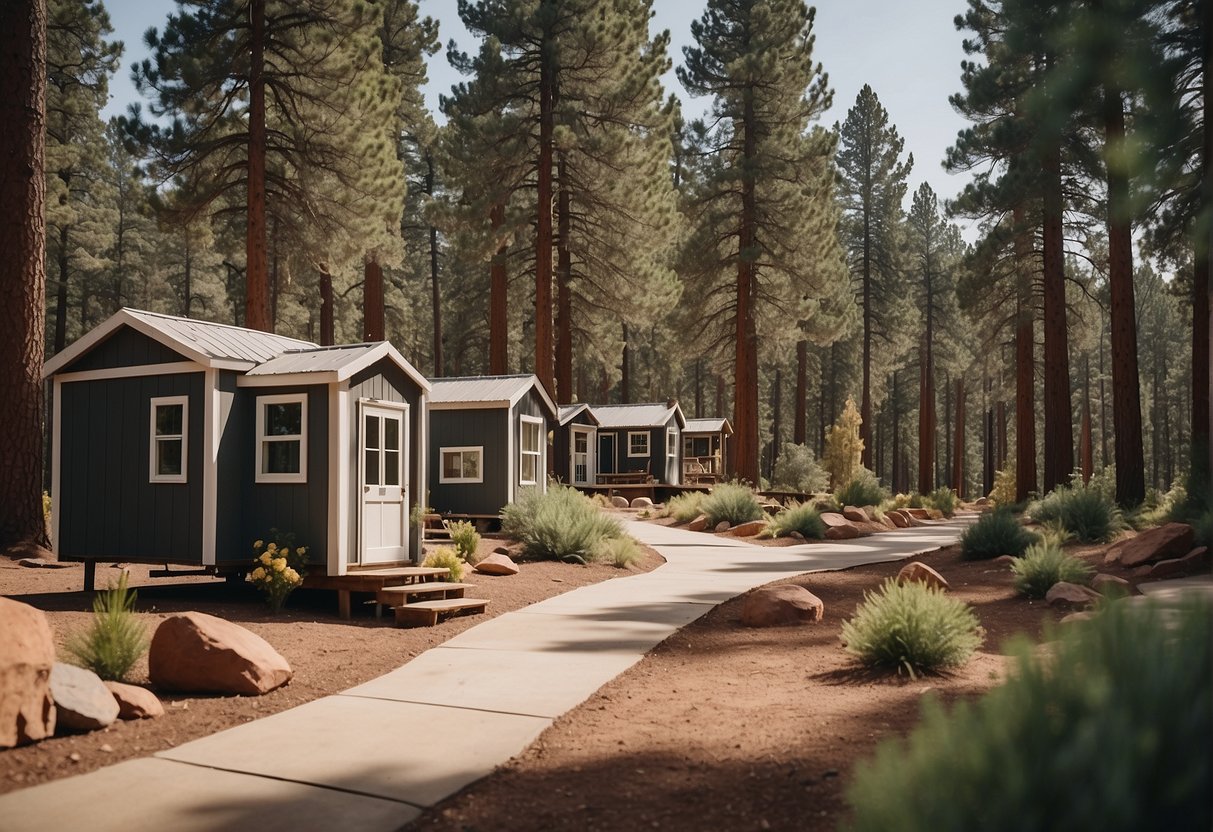 A cluster of tiny homes nestled among tall pine trees in a serene Flagstaff community, with residents chatting and walking their dogs along the winding pathways
