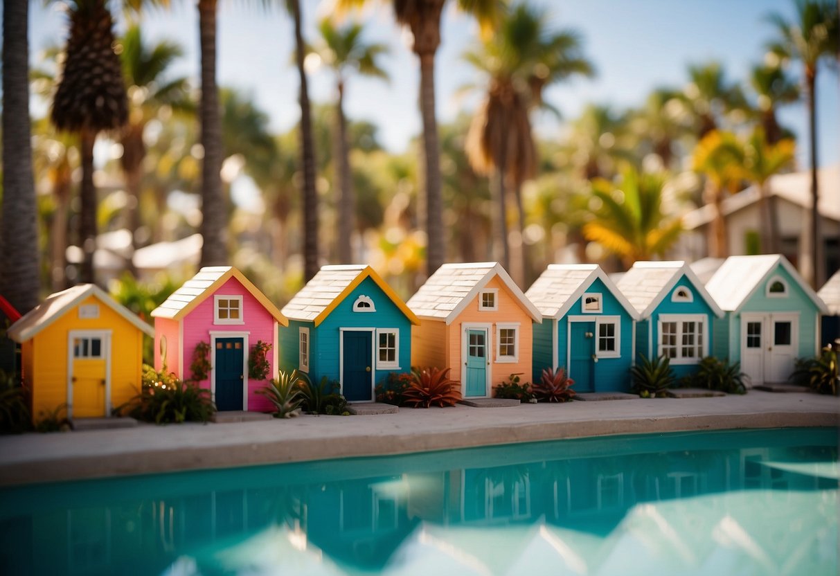 A cluster of colorful tiny homes nestled among palm trees in a sunny Florida community