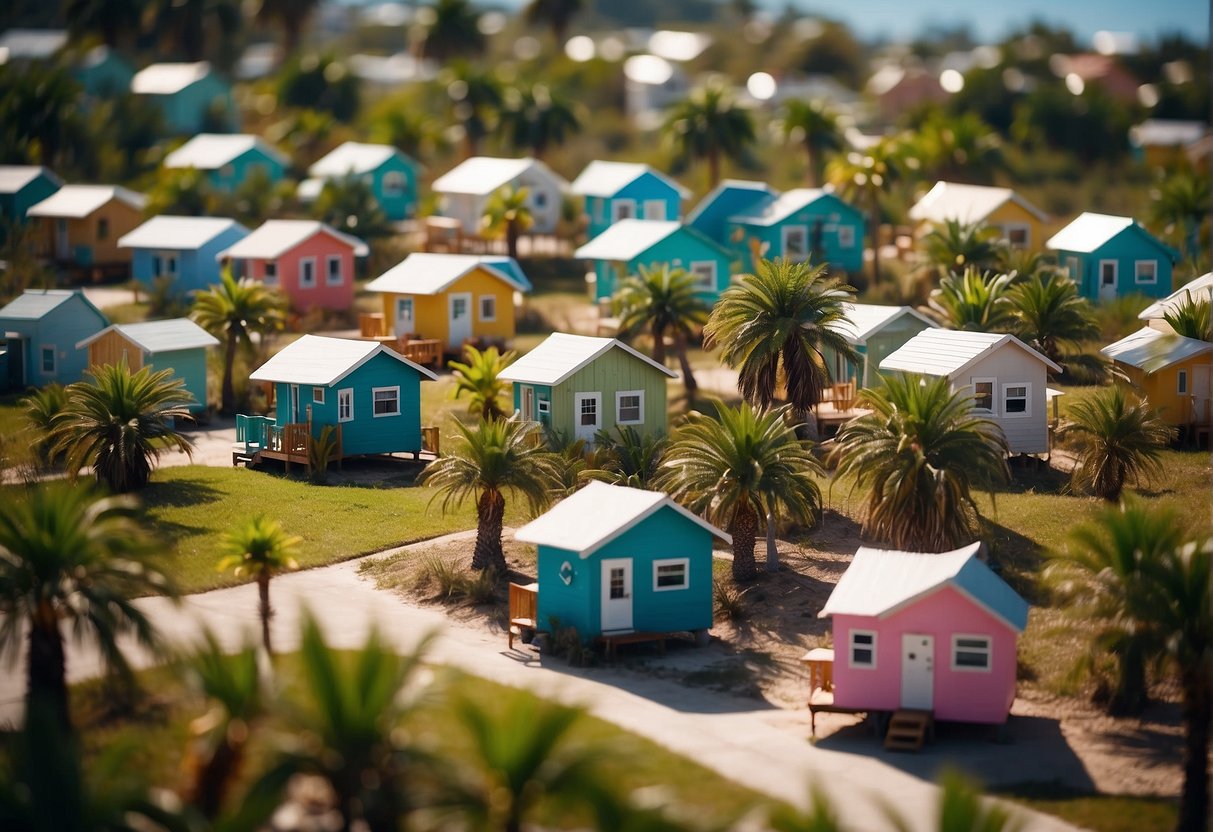 A cluster of colorful tiny homes nestled among palm trees in a sunny Florida community