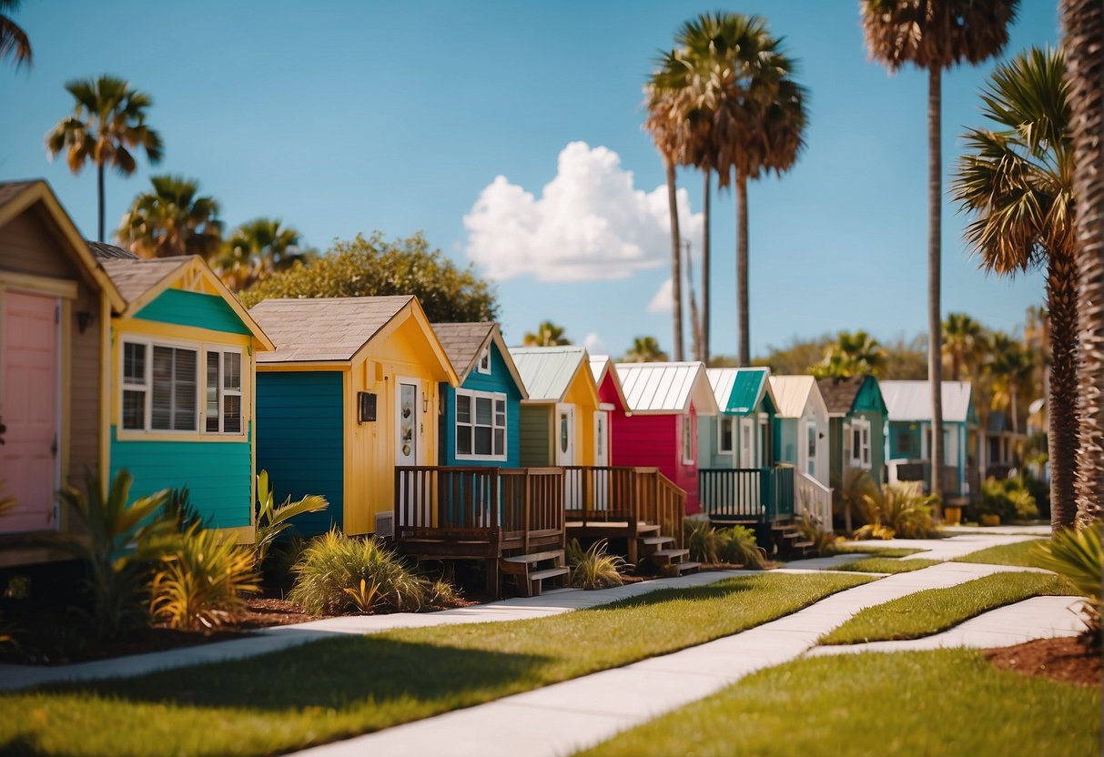 A cluster of colorful tiny homes nestled among palm trees in a sunny Florida community