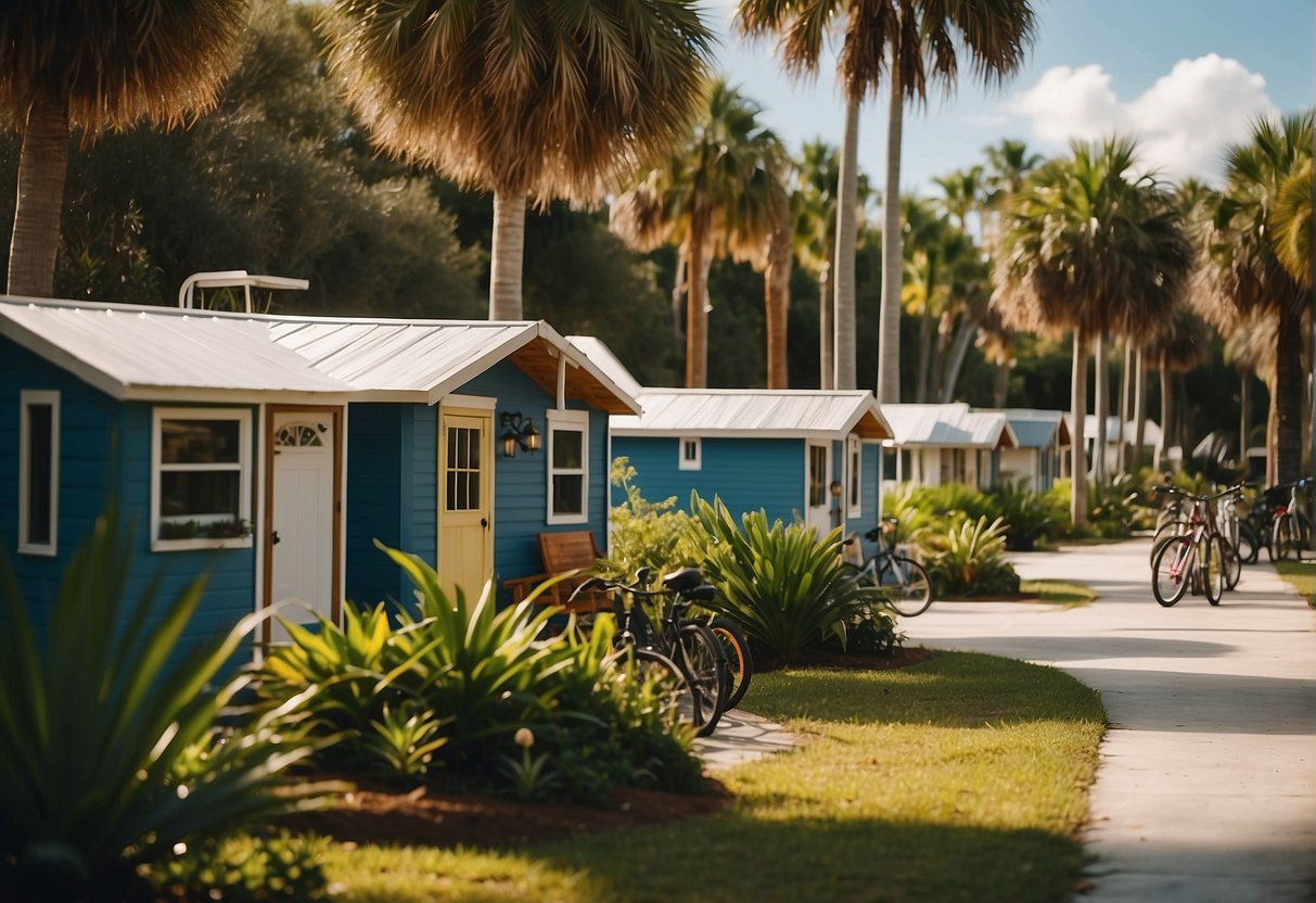 Tiny homes nestled among palm trees in a Florida community. Bicycles parked outside, communal garden, and residents socializing outdoors