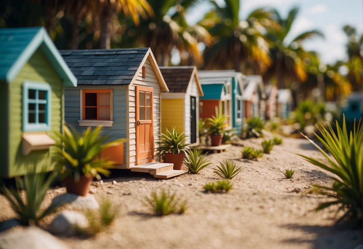 A sunny Florida landscape with palm trees and colorful tiny homes nestled in a community setting