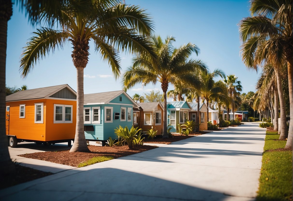 A cluster of tiny homes nestled among palm trees in a sunny Florida community, with a central gathering area and colorful landscaping