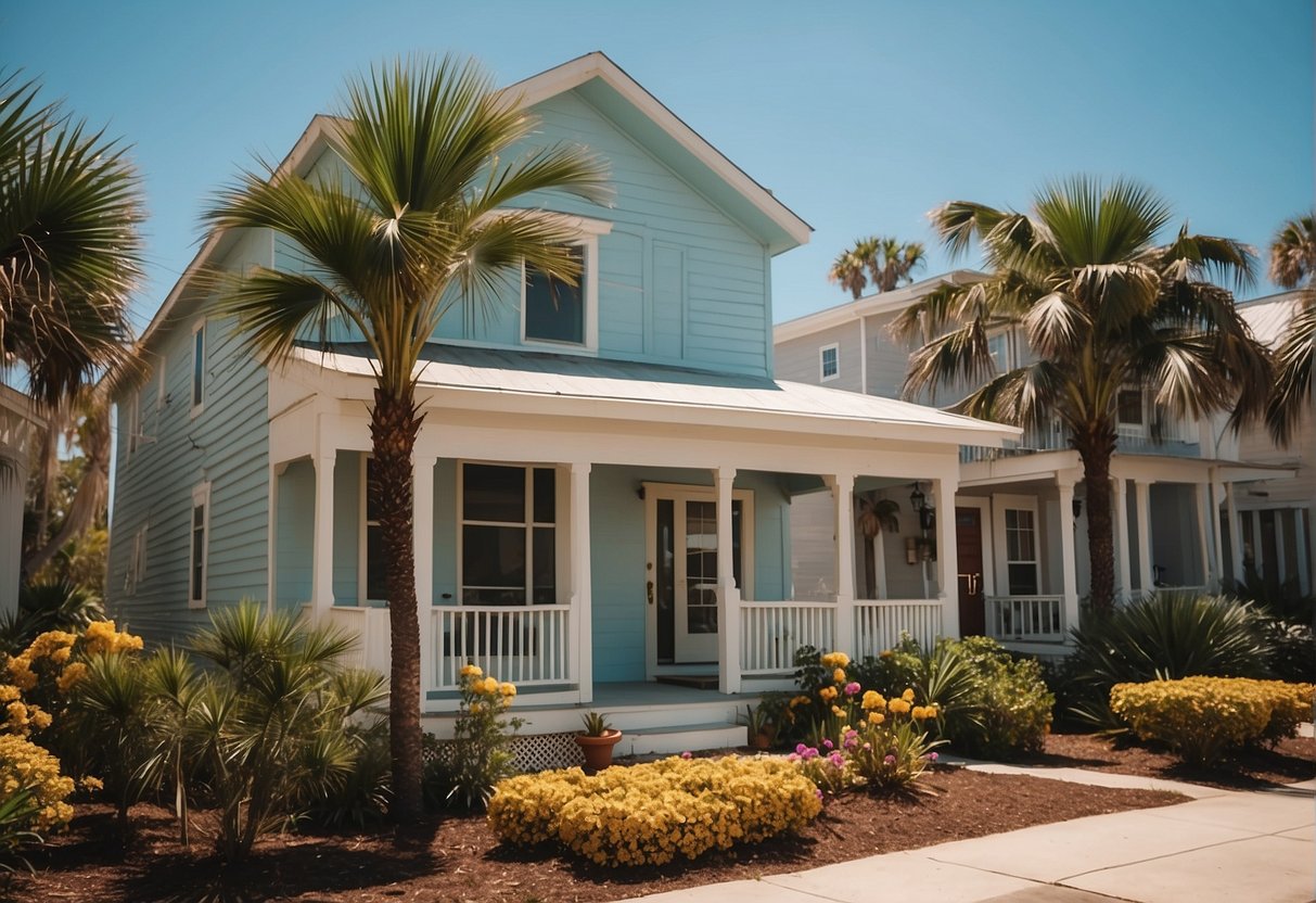 Small homes nestled among palm trees in Florida panhandle, with vibrant flowers and communal spaces