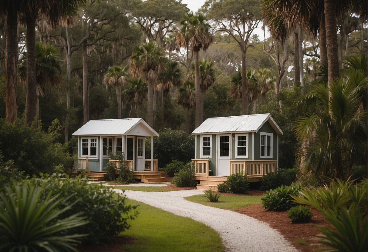 A cluster of tiny homes nestled among lush greenery, with a central communal area and winding pathways, in the serene landscape of the Florida Panhandle