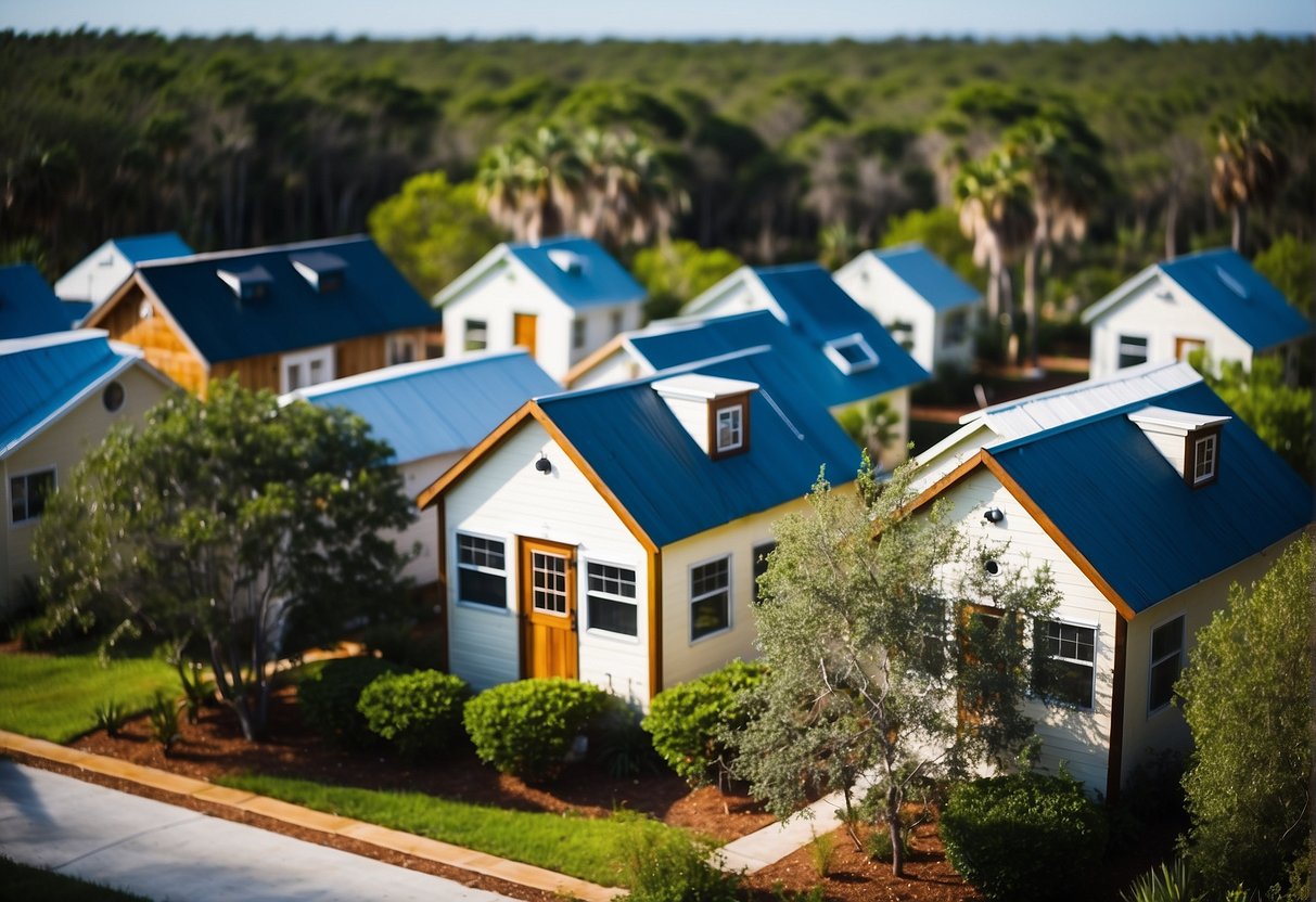 Tiny homes nestled among lush green trees with a backdrop of crystal blue waters in the Florida Panhandle. Community center and communal gardens add to the cozy and sustainable atmosphere