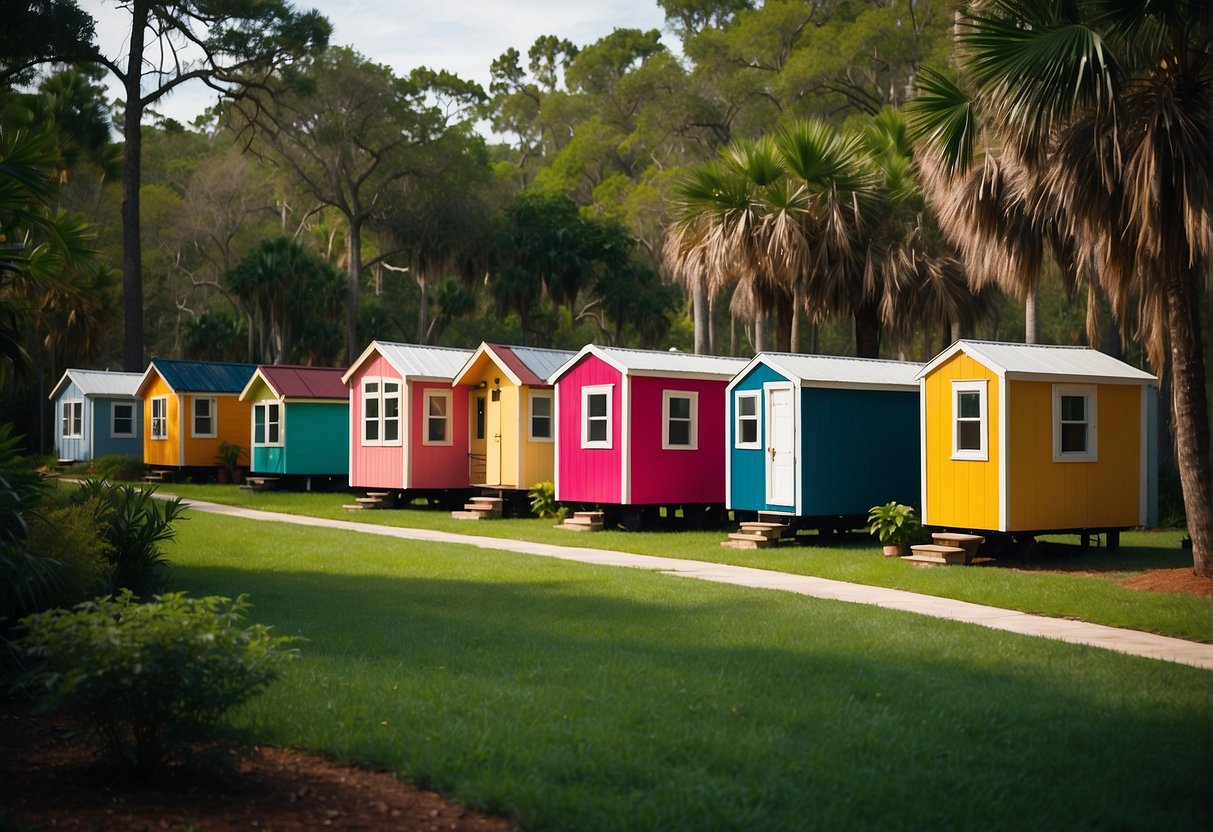 A cluster of colorful tiny homes nestled among lush green trees in a sunny Florida panhandle community