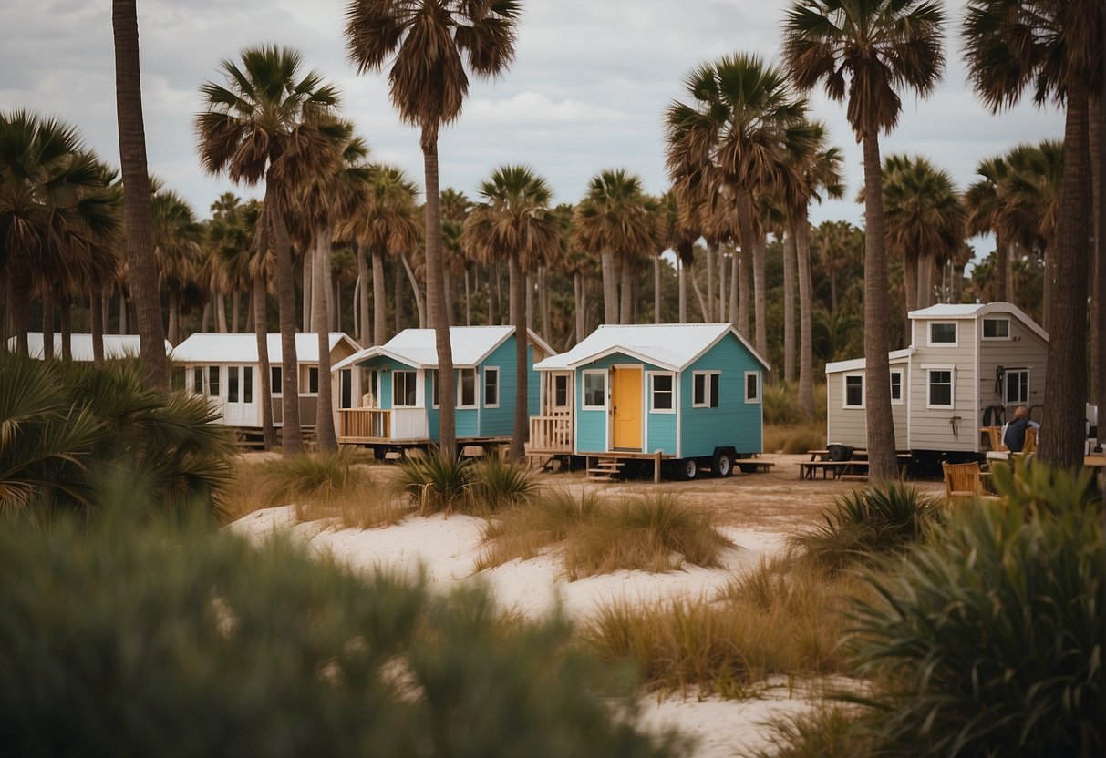 A cluster of tiny homes nestled among palm trees and sandy beaches in the Florida panhandle, with residents gathering in communal spaces for socializing and relaxation