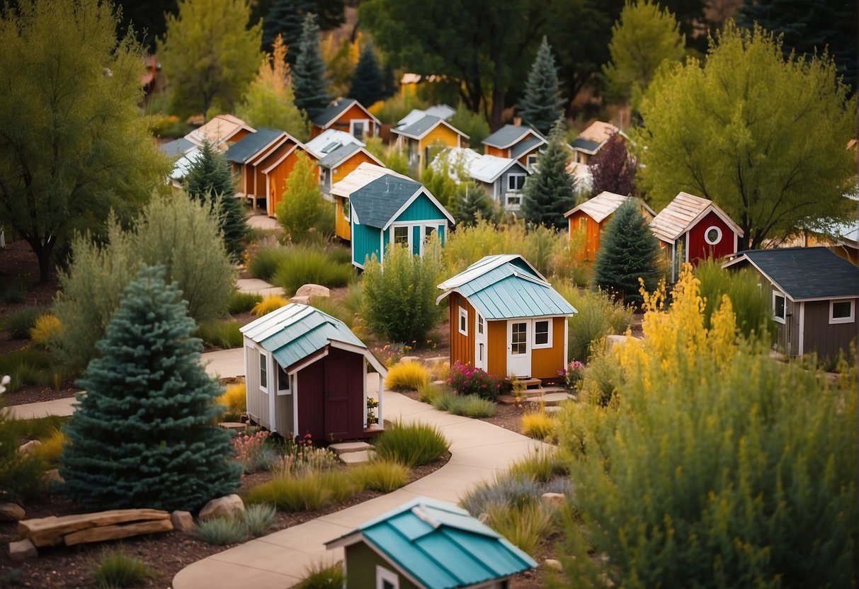 A cluster of colorful tiny homes nestled among trees and gardens in Fort Collins, Colorado