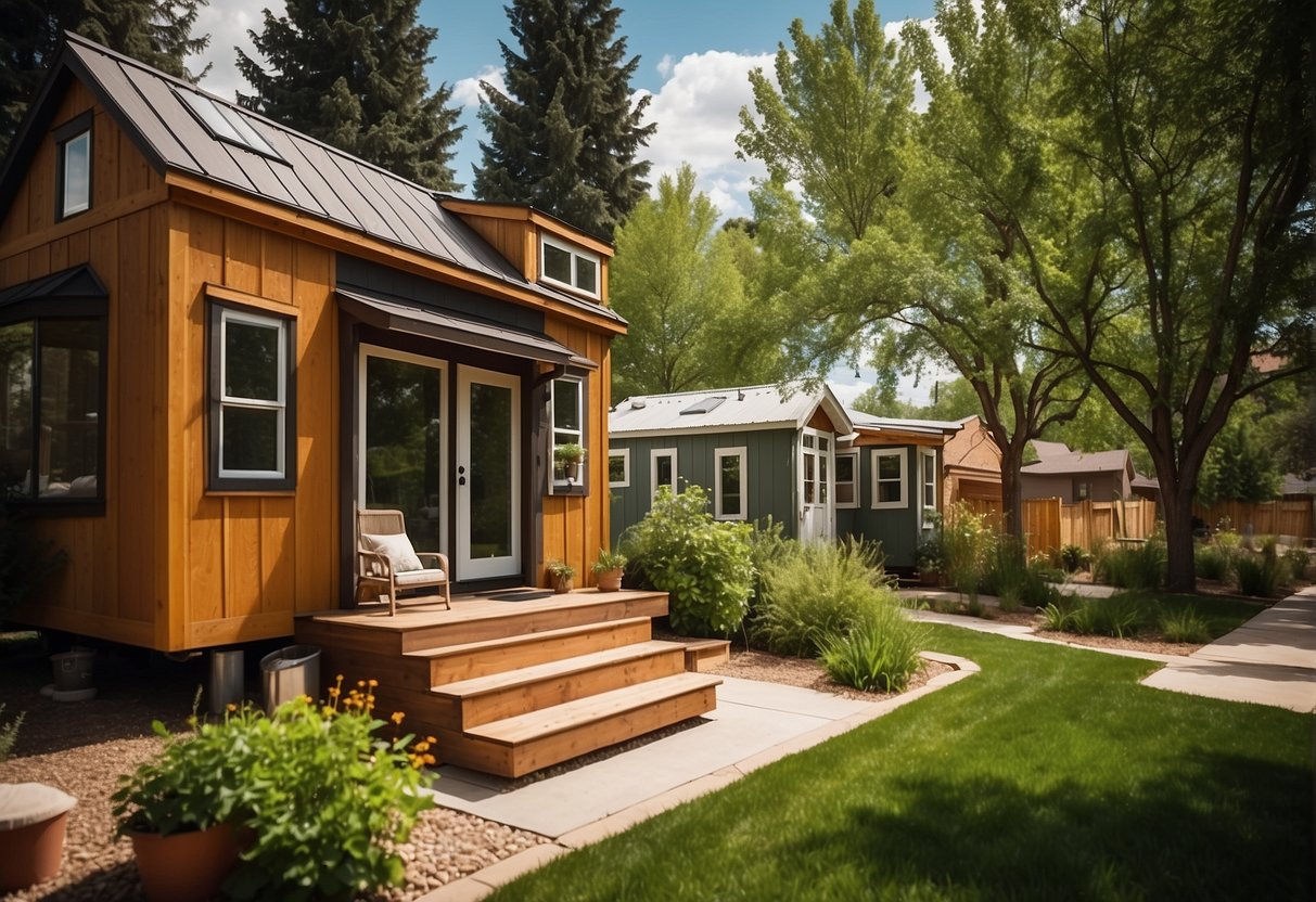 A cozy tiny home nestled in a vibrant Fort Collins community, surrounded by lush greenery and friendly neighbors enjoying the outdoors