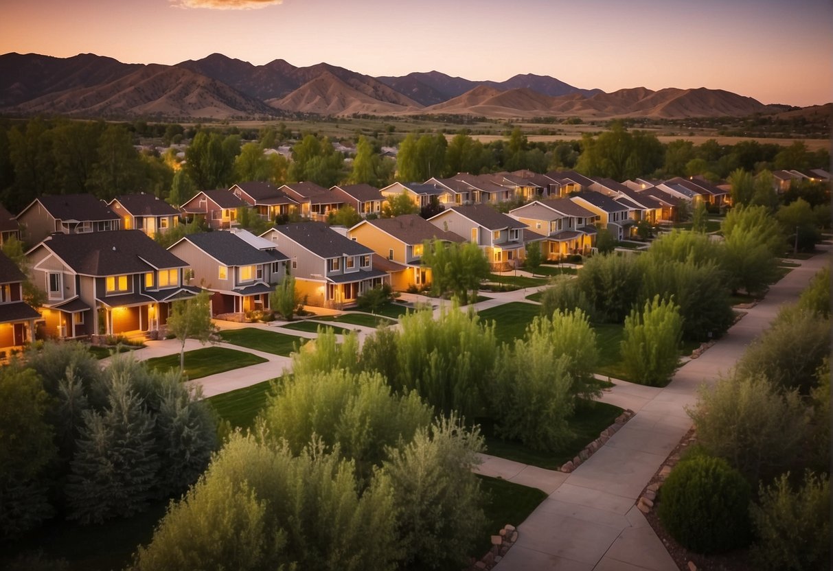 A row of colorful, compact homes nestled among lush greenery in Fort Collins, Colorado. The sun sets behind the mountains, casting a warm glow over the community
