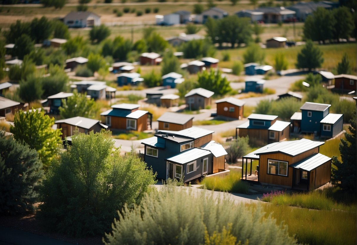 A cluster of tiny homes nestled in the picturesque landscape of Fort Collins, Colorado. Common areas and communal spaces create a sense of community among the residents