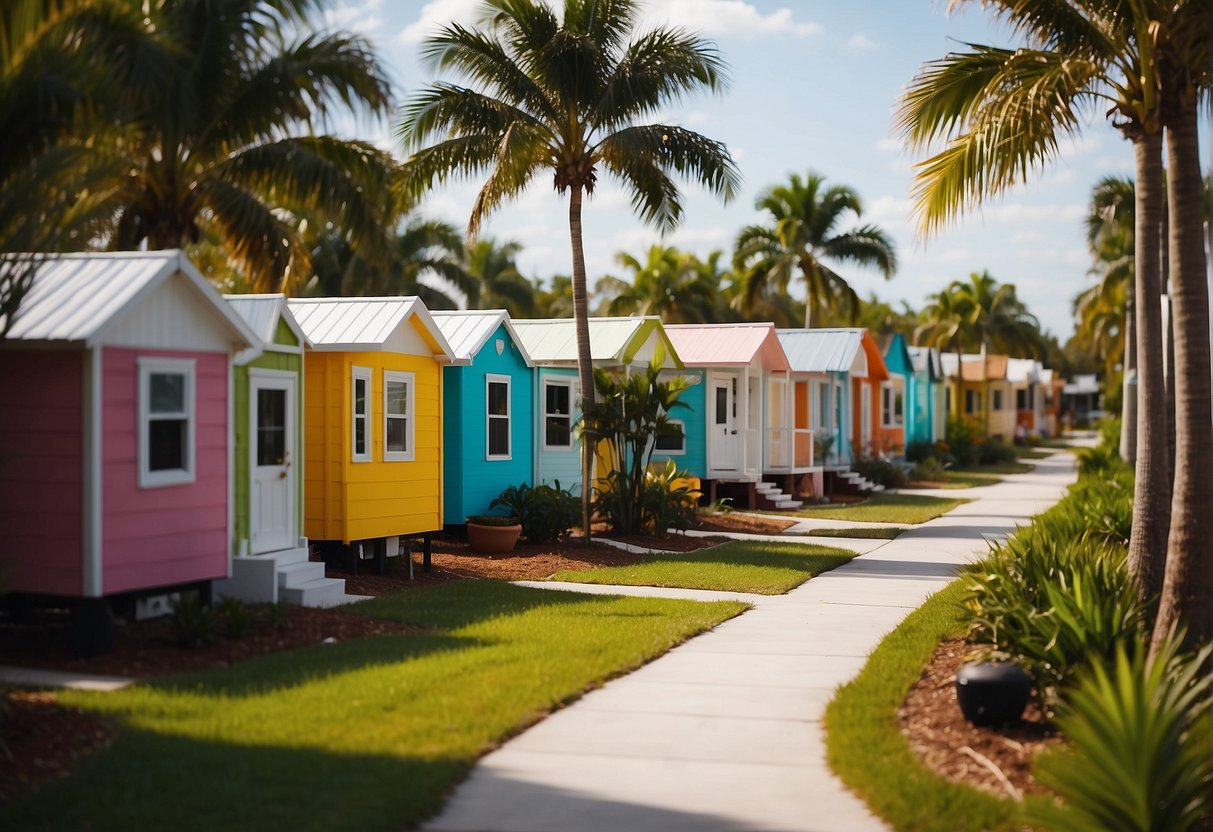 A cluster of colorful tiny homes nestled among palm trees in a sunny Fort Myers, Florida community