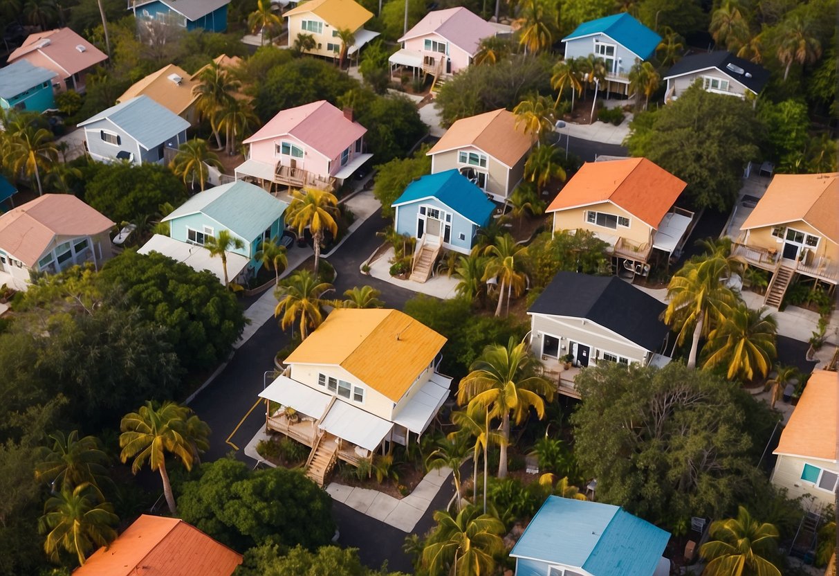 A cluster of tiny homes nestled among palm trees in a sunny Fort Myers, Florida community. The homes are brightly colored and surrounded by lush greenery, with a communal area for residents to gather
