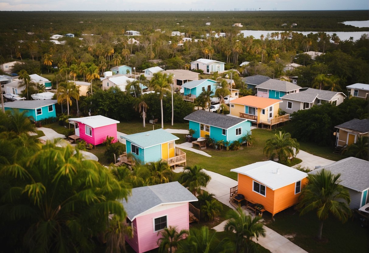 A cluster of colorful tiny homes nestled among palm trees in a vibrant community in Fort Myers, Florida