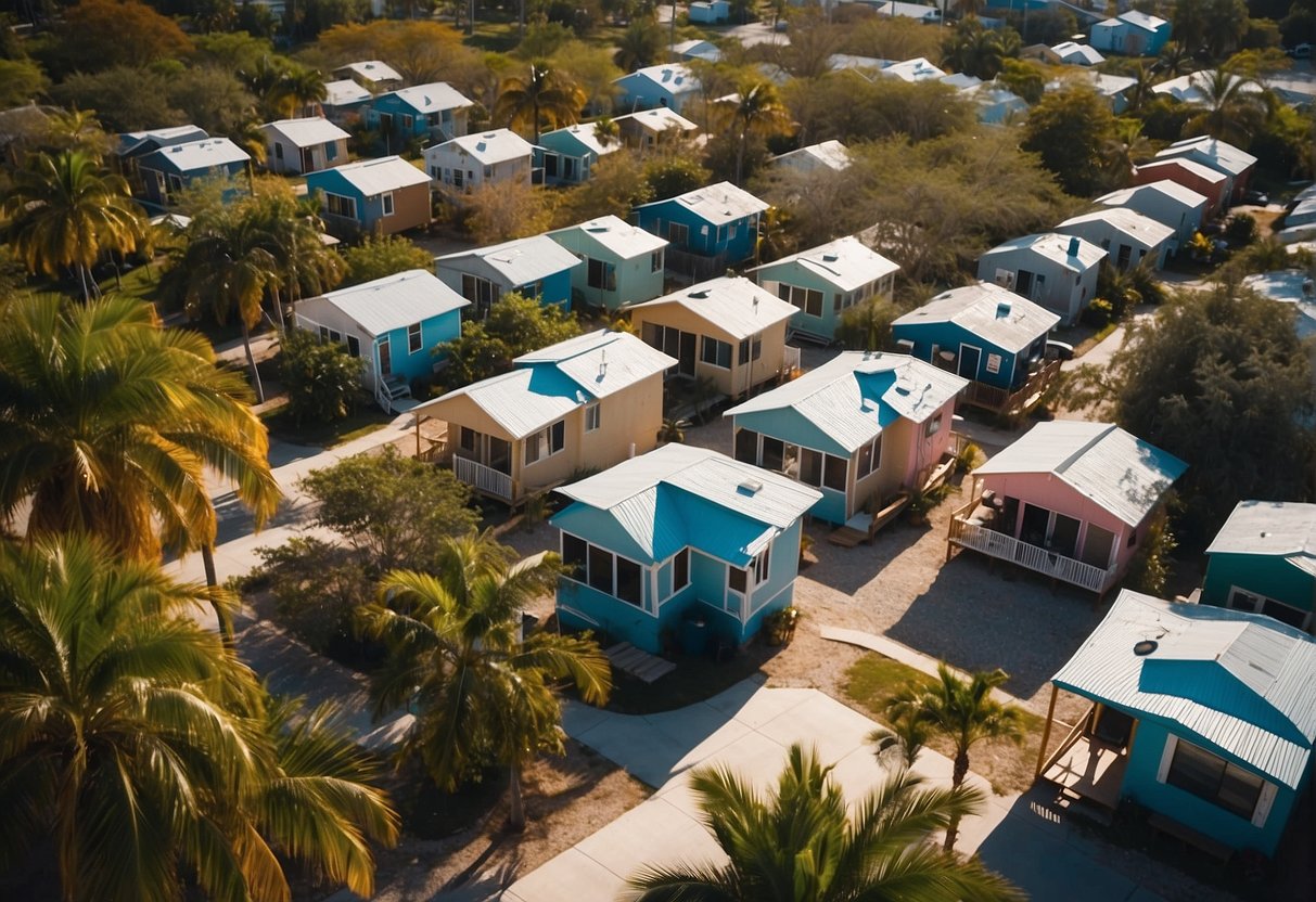 Aerial view of colorful tiny homes nestled among palm trees in a sunny Fort Myers, Florida community, with a central gathering area and bike paths