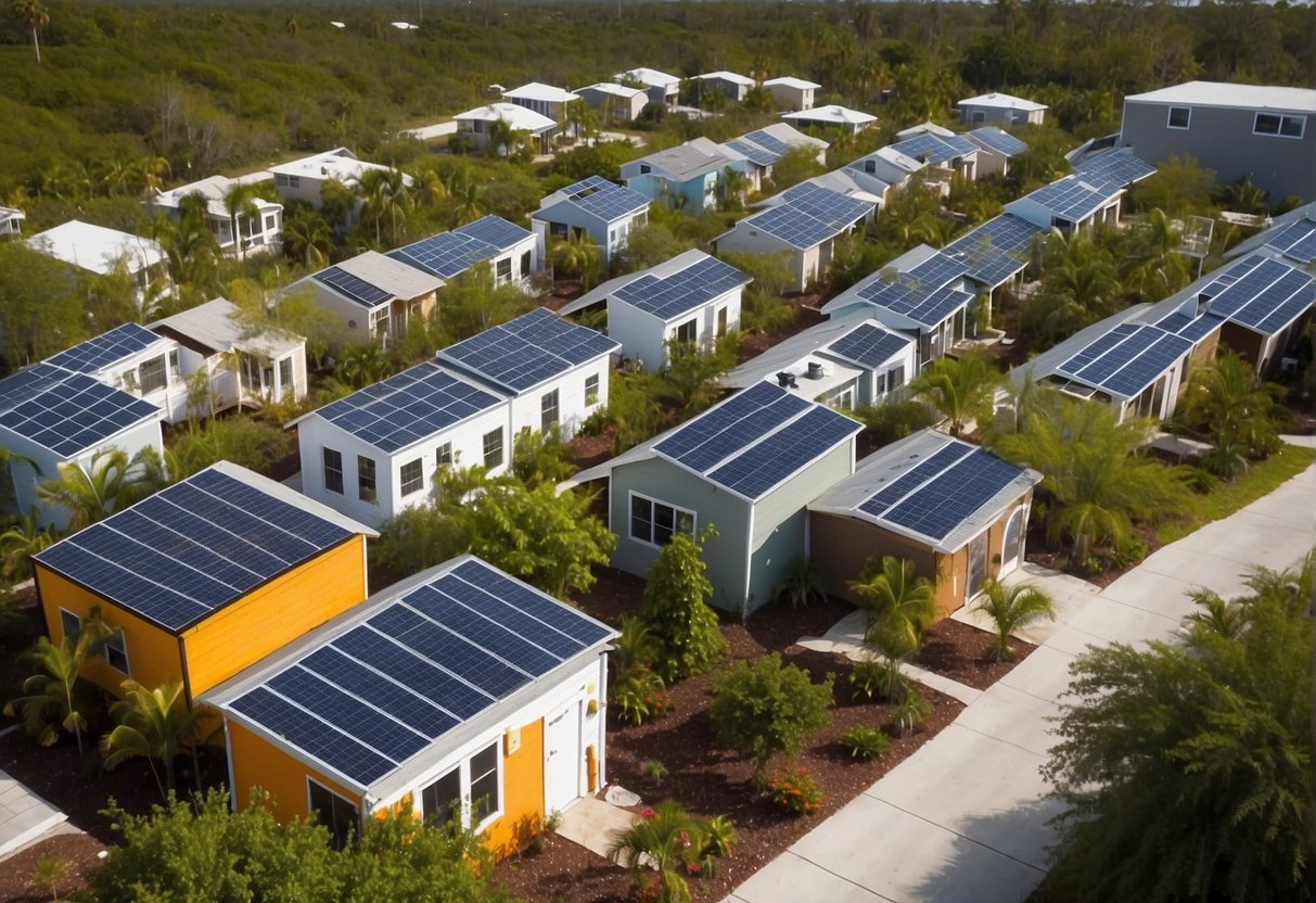 Aerial view of sustainable tiny homes in Fort Myers, Florida. Solar panels, rainwater collection, and communal gardens are featured in the eco-friendly community