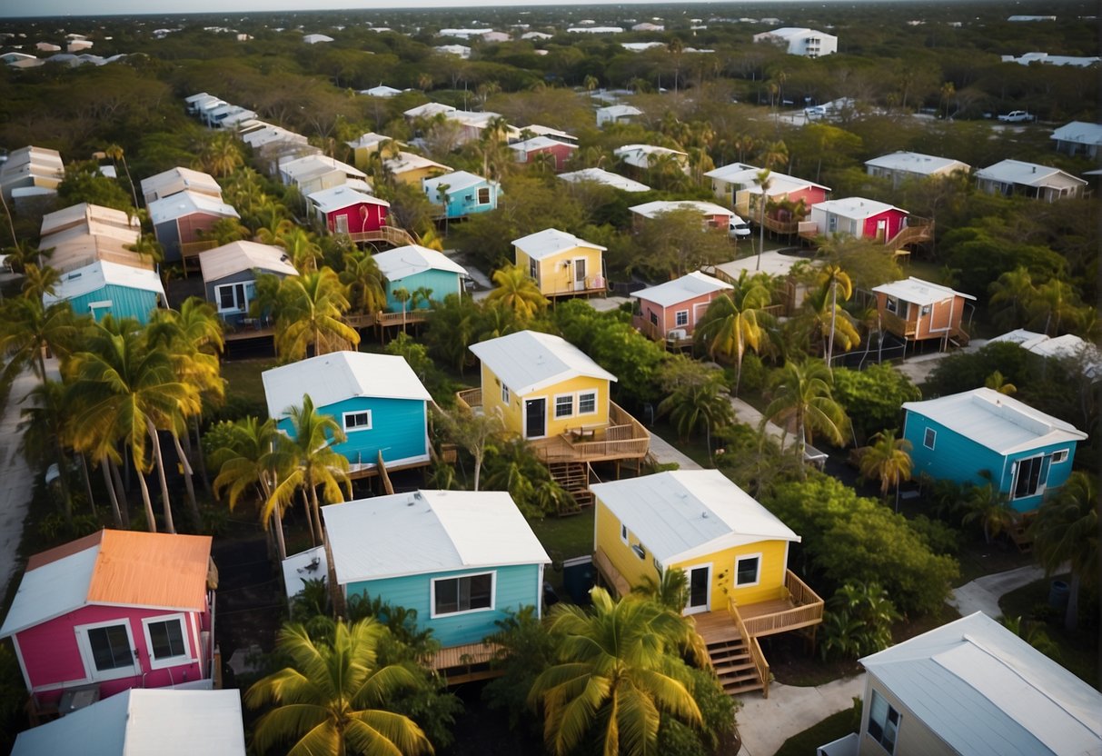 Aerial view of colorful tiny homes clustered in a lush, tropical setting in Fort Myers, Florida. Community amenities and gathering spaces are interspersed throughout the compact neighborhood