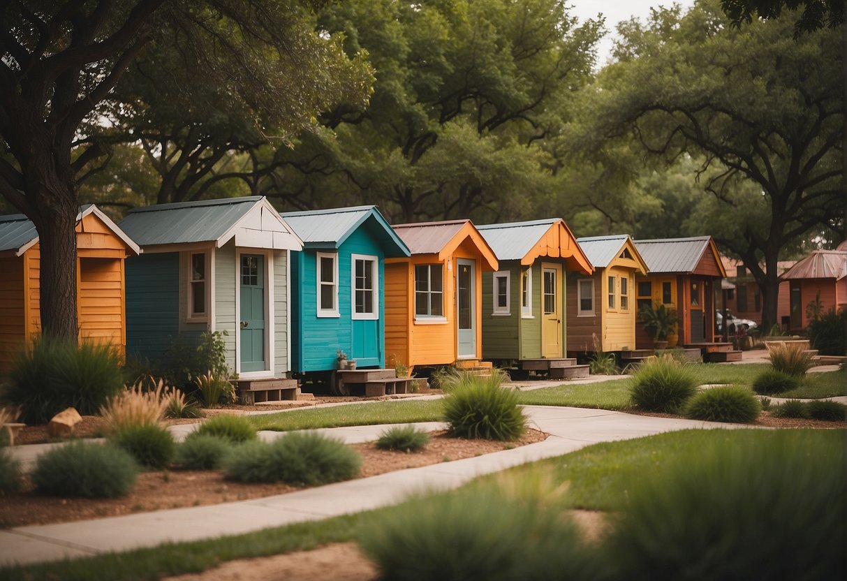 A cluster of colorful tiny homes nestled among trees in a vibrant Fort Worth community